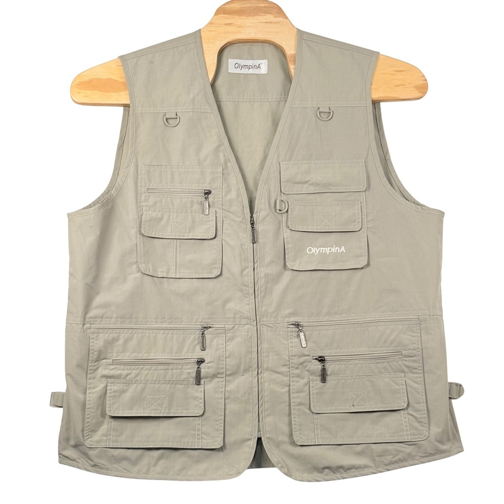 OlympinA XL Utility Vest Khaki 14 Pockets Fishing Safari Tactical Gorpcore EUC